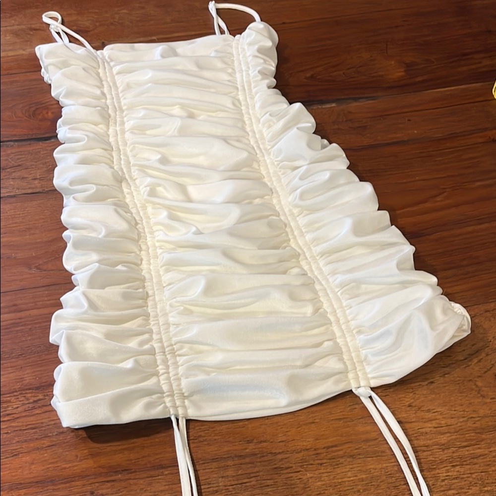 White Adjustable Length Ruched Mini Dress